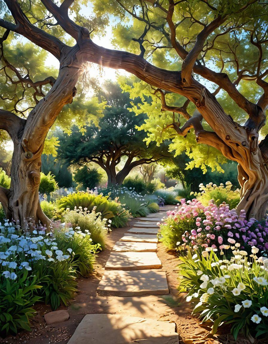 A serene landscape featuring a sun-drenched path leading into a lush garden, symbolizing spiritual journey; a radiant figure joyfully reading the Bible under an ancient tree, surrounded by blooming flowers and soft golden light. ethereal atmosphere. soft pastel colors. super-realistic.