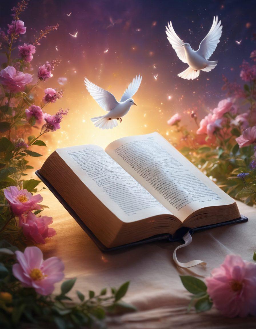 An open Bible surrounded by ethereal light, with glowing illustrations of joy and happiness emanating from its pages. Incorporate elements like serene landscapes, smiling diverse individuals, and symbols of peace, such as doves. The atmosphere should feel uplifting and spiritual, radiating warmth and tranquility. Delicate floral arrangements framing the scene, enhancing the theme of growth and fulfillment. super-realistic. vibrant colors. soft ethereal background.