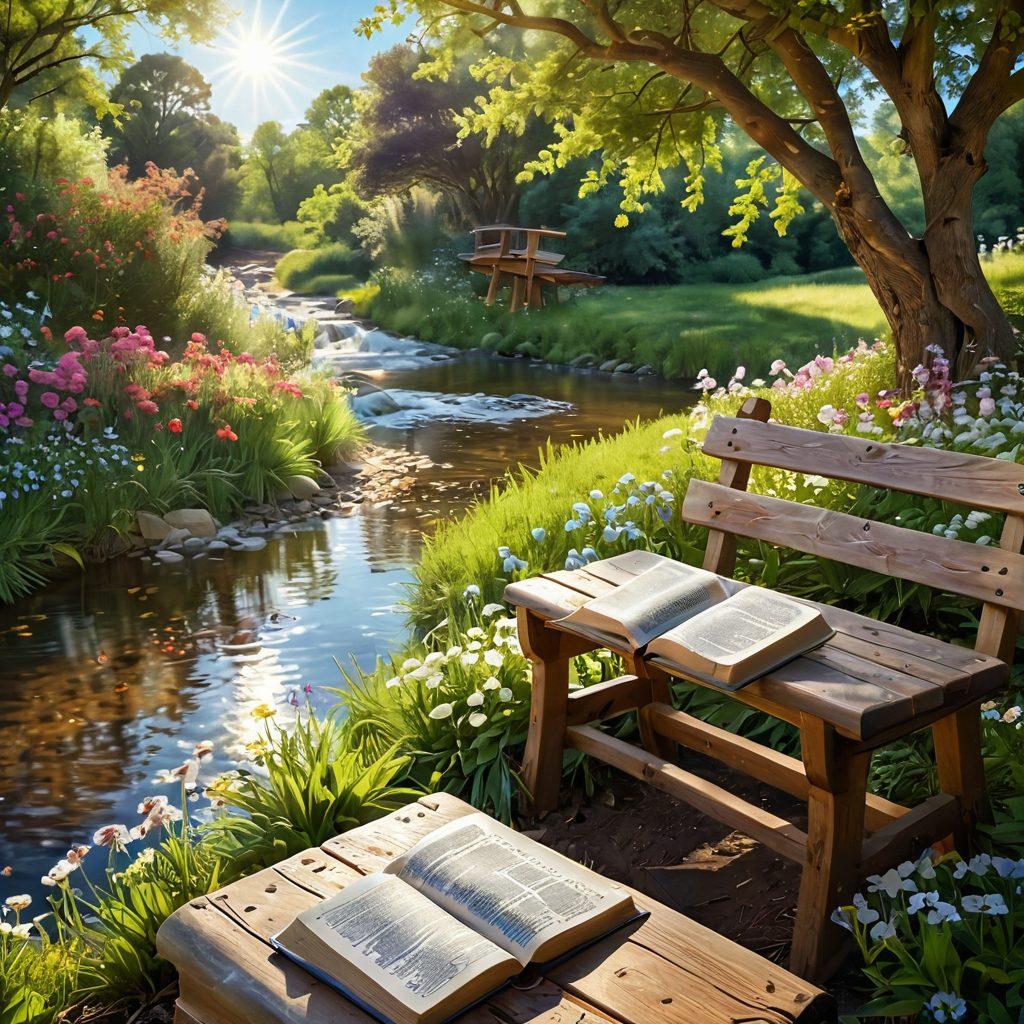 A serene landscape featuring a sunlit path lined with blooming flowers, leading through an open Bible draped over a wooden bench. Soft beams of light cascade down, illuminating verses of joy and faith. In the background, a gentle stream flows, symbolizing peace and tranquility. Dreamy clouds drift above, creating a hopeful atmosphere. vibrant colors. super-realistic.